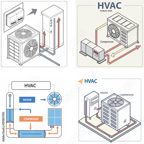 Diagrammatic illustrations of heating ventilation and air conditioning hvac systems showing components and operational flows