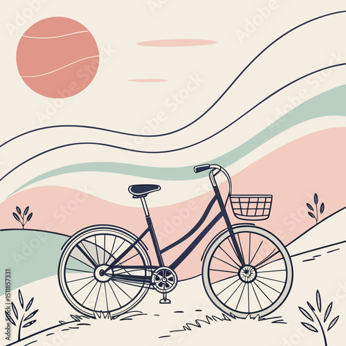 Bicycle illustration in a minimalist style with nature elements and copy space
