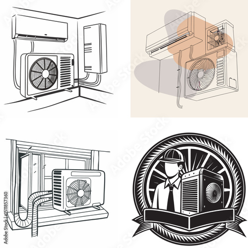Illustrated collection depicting various air conditioner installations and hvac technician emblem for cooling and service concepts