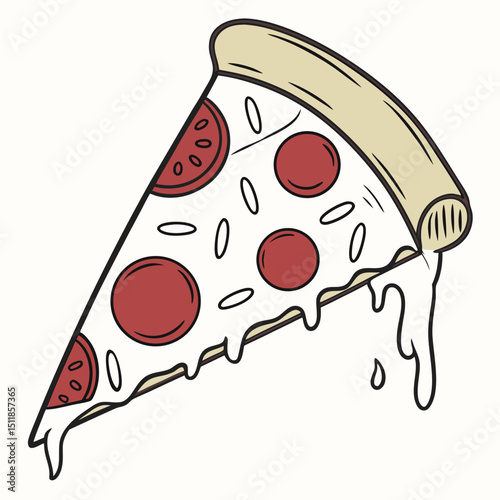 Delicious pizza slice illustration with cheese and toppings in a playful style and copy space