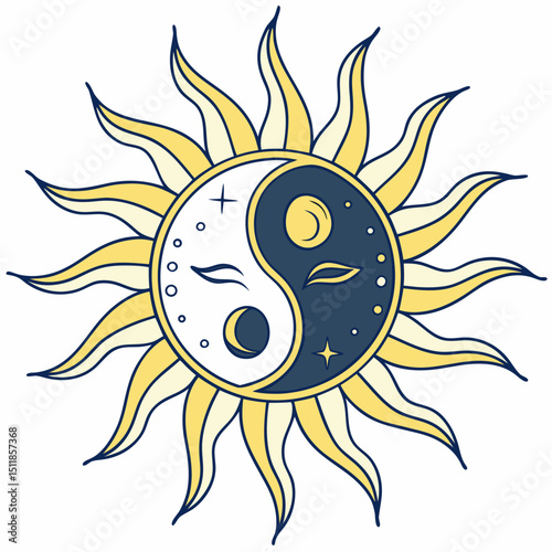 Yin yang sun and moon illustration in a vibrant and artistic style with copy space