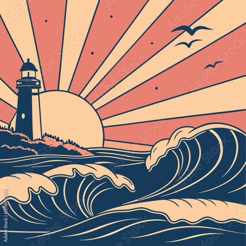 Coastal landscape illustration with lighthouse, waves, and sunset in a retro style and copy space