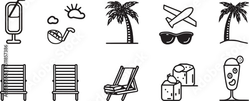 Minimalist Black and White Vacation Icons – Palm Trees, Airplane, Lounge Chair, Cocktails, and Travel Symbols for Leisure and Holiday Designs
