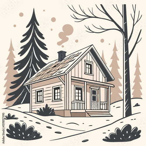 Cozy wooden house illustration in a forest setting with minimal color palette and copy space