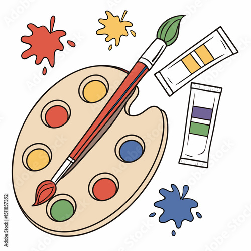 Artistic palette with paintbrush and tubes of paint illustration in a vibrant and creative style with copy space