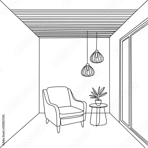 line art of a modern interior corner with a cozy armchair, small side table with a plant 