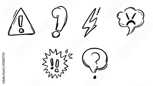 Black and White Doodle Warning Icons for Alert Notification Emergency Hazard and Comic Signs