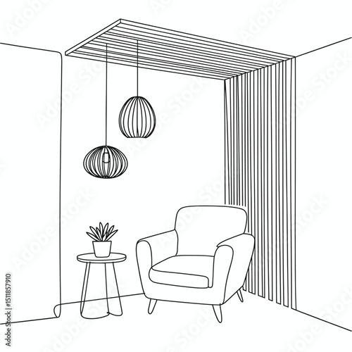 line art of a modern interior corner with a cozy armchair, small side table with a plant 