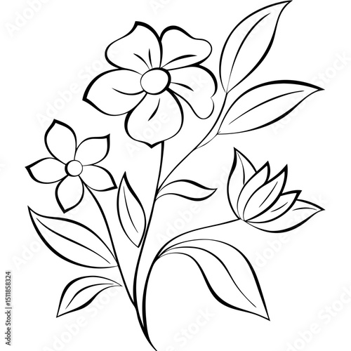 Black line drawing of flowers with leaves on a white background  