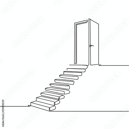  minimalist line art of a floating staircase leading to an open door, black continuous lines, simple architectural style, clean white background, 
