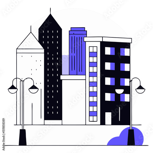 Modern city skyline illustration with geometric buildings and lamps  