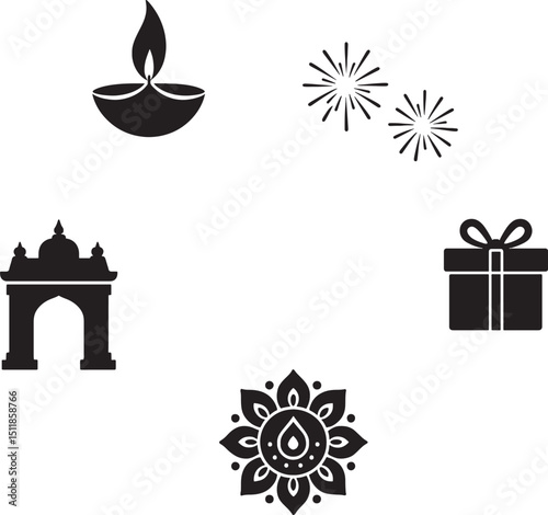 Flat Vector Diwali Icons Set Illustration Oil Lamp Fireworks Temple Gift Lotus Black Background