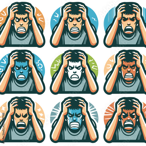 Man expressing stress and frustration in various emotional states  