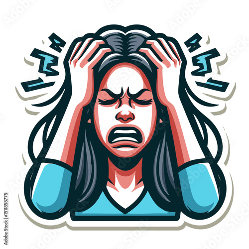 Distressed woman holding her head in frustration with swirling lines  
