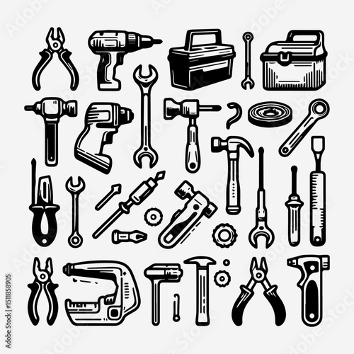 Collection of essential mechanic tools and hardware icons for repair, construction, and DIY projects. Industry concept