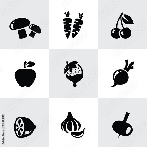 Black Food Icon Vector Set – Silhouette Cooking, Kitchen, Drink, Fruit, Vegetable, Chef, Cutlery, Seafood, and Meal Icons – Simple Clip Art for Menu Design, Packaging, and Graphic Projects

