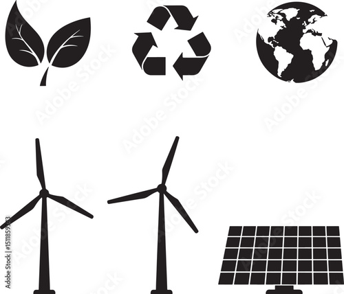 Flat Vector Illustration of Environmental and Renewable Energy Icons on Black Background for Sustainability
