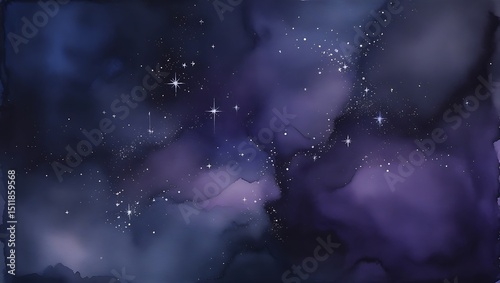 Abstract watercolor night sky with sparkling stars and dreamy purple hues