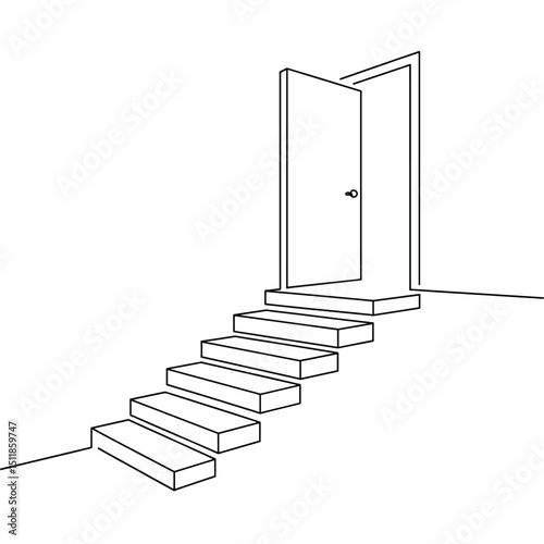  minimalist line art of a floating staircase leading to an open door, black continuous lines, simple architectural style, clean white background, 