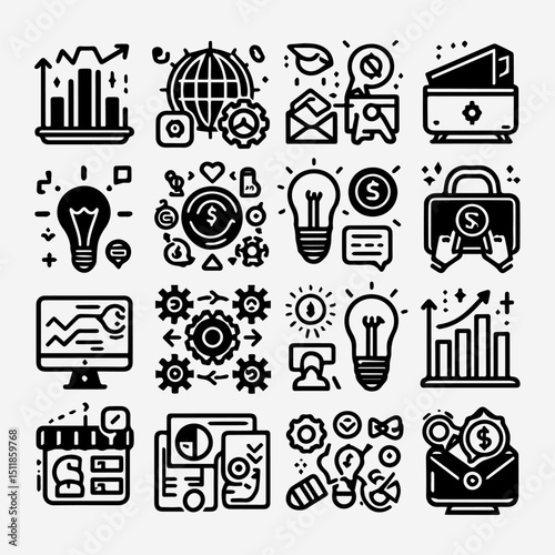 Collection of creative vector icons for business administration, innovation, financial growth, and global communication. Business concept