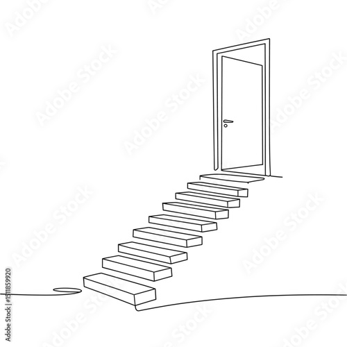  minimalist line art of a floating staircase leading to an open door, black continuous lines, simple architectural style, clean white background, 