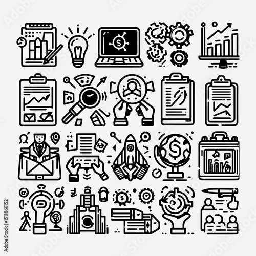 Collection of engineering iconography and launch project icons for business development, innovation, and strategic planning. Business concept