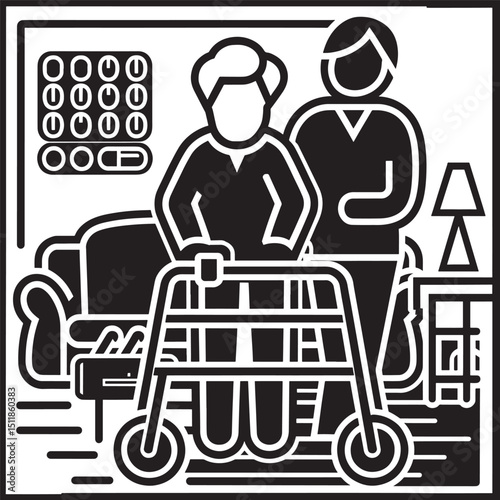 Line Art Illustration of Elderly Caregiver Assisting Senior with Walker in Home Setting for Healthcare and Support