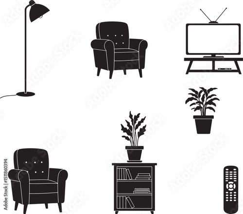 Living Room Interior Design Icons Vector Set for Home Decor, Furniture Arrangement and Comfortable Space Planning