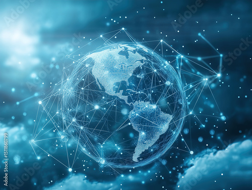 A blue globe with a network of lines surrounding it