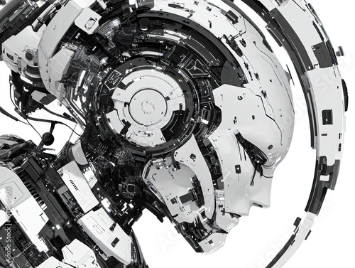 A robot head with a large white circle around it