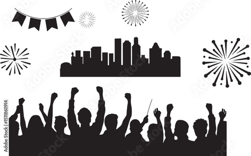 Silhouette Crowd Celebration Vector City Skyline Fireworks Event Spectators Cheering Excitement Joyful Gathering