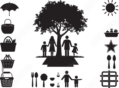 Silhouette Illustration of a Family Picnic Under a Tree with Baskets and Utensils on Black Background