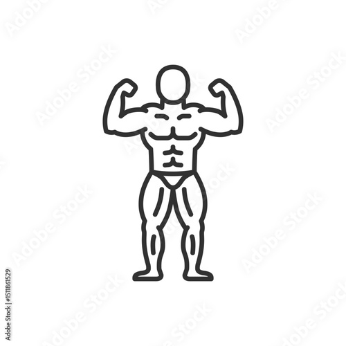 Bodybuilder front pose, linear icon. Full-body flex for physique competition. Line with editable stroke.