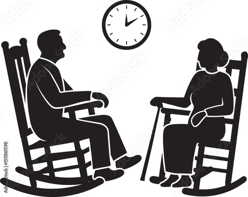 Silhouette Illustration of Elderly Couple Relaxing in Rocking Chairs with Clock on Wall, Promoting Serenity and Leisure