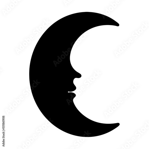 Crescent moon face profile silhouette in black and white simple design