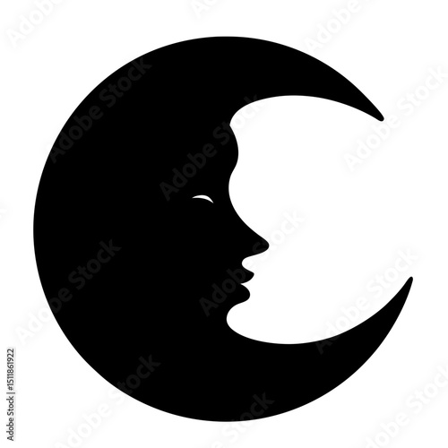 Crescent moon with a human face profile in minimalist black and white