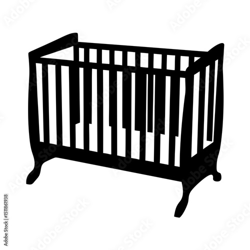 A black silhouette of a baby crib with wooden slats design