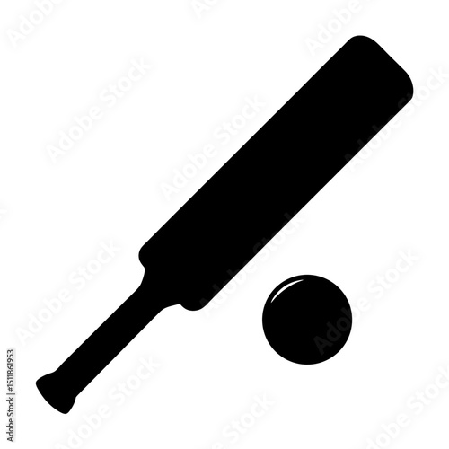 Black silhouette vector illustration of a cricket bat and ball on white background