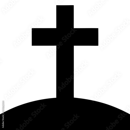 Black silhouette of a Christian cross standing on a small hill