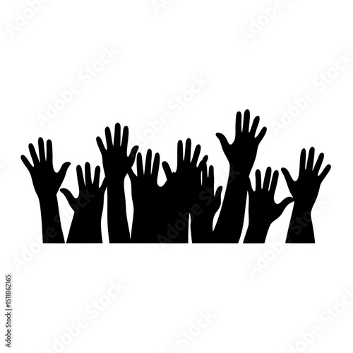 Silhouette of diverse hands raised in unity and support for community