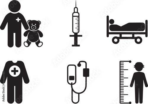 Silhouette Illustration of Medical and Family Icons on Black Background for Healthcare and Wellness