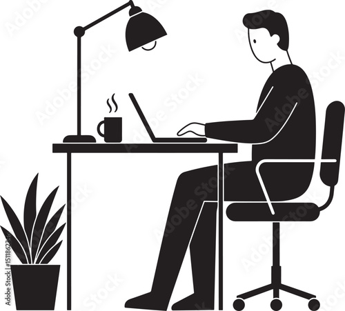 Silhouette Illustration of Person Working at Desk with Laptop and Lamp on Black Background for Work Concepts