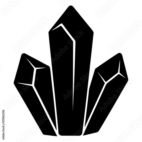 Geometric Illustration of Three Stylized Crystals in Black and White Colors