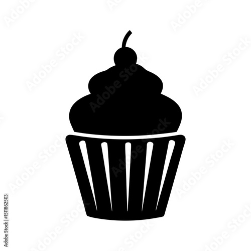 Silhouette of a Delicious Cherry Topped Cupcake Isolated on White Background