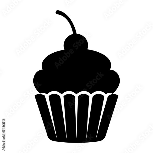 Silhouette of a Delicious Cherry Topped Cupcake Isolated on White Background
