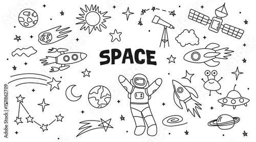 Doodle space illustration in childish style. Set of cosmos vector elements such as rocket, astronaut, stars, asteroids, ufo. Sketch icons of various astronomy objects. Design clipart.