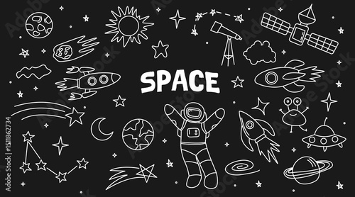 Doodle space illustration in childish style. Set of cosmos vector elements such as rocket, astronaut, stars, asteroids, ufo. Sketch icons of various astronomy objects. Design clipart.