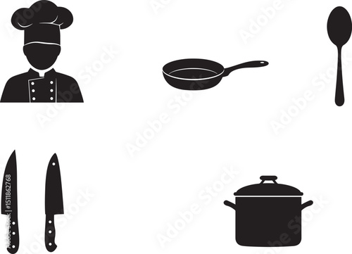 Silhouette Style Cooking Icons Set Isolated on Black Background Vector Illustration for Culinary Designs and Restaurant Menus