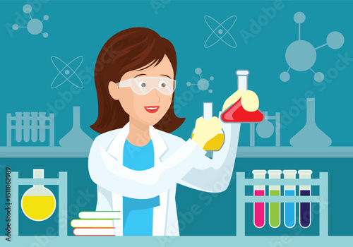 Female scientist illustration lab coat beaker and microscope
