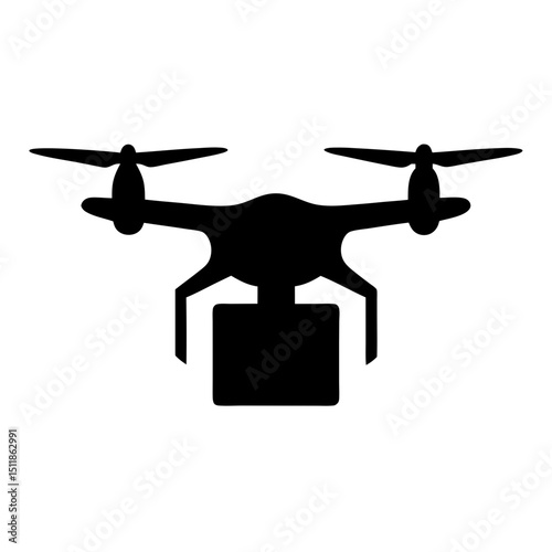Black silhouette of a drone carrying a box in flight on white